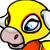 Pixelated yellow cartoon character with large blue eye, pink nose, and orange mouth wearing red clothing against white background.
