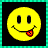 A split-screen animated buddy icon featuring a yellow smiley face with a red tongue on the left and pixelated text reading "No S-N-T dancer here!" on the right against a blue background.