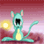 Pixelated teal creature with pink ears and yellow belly sits in four variations: mouth open, hand on hip, holding sunflower, and holding two sunflowers against changing backgrounds.
