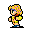 Pixel art character with blonde hair and blue headband in two poses against gray background, wearing yellow top and blue pants.