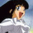 Pixelated anime-style character with long dark hair and wide eyes, mouth open in a shout, wearing a white top against a light blue background.