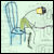 Pixelated static image shows a blue chair with a green cushion, a curved armrest, and a yellow lamp with a dark base on a light background.