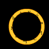 A sequence of yellow circular and oval shapes on a black background, transitioning from large to small and flat to tilted.