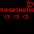 Red pixel art displays a heart symbol above repeated text and six circular shapes on black background.