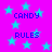A static digital image with a bright pink background filled with light blue stars and alternating text reading "CANDY" and "RULES" in dark blue pixelated font.