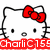 Pixelated Hello Kitty icon with red bow, black whiskers, and red text banners reading "Charli C159", "Loves", and "Hello Kitty" across different sections.