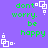 Purple background with green text 'dont worry. be happy' and white pixelated square icons in four corners.