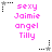 Pixelated text in pink reads 'sexy Jaimie angel Tilly' over a white background with alternating black and gray star icons.