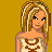 Pixelated character with blonde hair wearing a strapless top and blue pants, holding a brown basket against a solid yellow background.