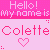 Pixelated pink and white graphic with 'Hello! My name is Colette' text, two pixel hearts, and small dot accents on a light pink background.