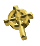 Golden Celtic cross with circular ring, rendered in 3D with metallic texture, shown from multiple angles in a