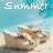 Pixelated beach scene with two sandcastles on light tan sand, turquoise water background, and 'Summer' text in white pixel font at top left.