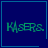 Four blue square with teal borders display 'KASERS.' text; top-right has a small heart symbol, bottom-right has a small star symbol