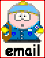 Pixelated cartoon character in blue uniform with yellow accents, holding brown bag, standing above black text 'email' on white background.