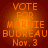 Four identical circular orange text icons on dark red background with 'VOTE FOR MARNIE BUDREAU Nov. 3' in pixelated font.