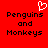 Red background with black pixelated text "Penguins and Monkeys" in two , white heart symbol above left