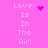 Pixelated pink background with white text 'Love Is In The Air!' and animated heart/sparkle symbols replacing static icons.