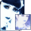 identical blue-toned images showing a person with dark hair and heavy eye makeup, each containing a smaller inset image of the same person wearing a purple headband
