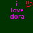 Green background with pink text 'i love dora' and a red heart symbol above the left 'i'.