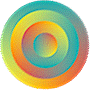 Fourteen circular icons arranged in a with one empty space, each featuring concentric rings of cyan, yellow, orange, and red hues on a gray background