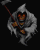 A 4-frame animated contact sheet showing a hooded figure with glowing red eyes holding a scythe, rendered in pixel art style against black background.