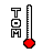 25 pixel-art thermometer icons with red liquid levels changing across frames, each labeled 'TOM' in black block letters on a white background