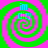 Four identical spiral patterns with alternating green and pink rings, each containing cyan text reading "in dizz" in the center.