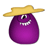 Purple eggplant-shaped character with yellow straw hat, smiling with visible teeth in first frame, mouth open in second frame.