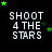 Pixelated text 'SHOOT 4 THE STARS' in white on black background with green stars moving across the frame.