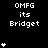 Pixelated black background displays repeated white text "OMFG its Bridget" with animated star symbols appearing and disappearing in vertical