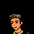 Pixel art of a character with brown hair and yellow necklace, wearing black shirt and blue pants against black background.