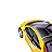 Yellow and black vehicle with red accents shown from three different angles against a gray background.