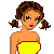 Pixel art of a woman in yellow bikini with pink trim, brown pigtails, blue eyes, and red lips; text 'Aloha' appears on the right.