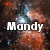 Three distinct cosmic-themed backgrounds with the name "Mandy" overlaid in white text, each featuring different color palettes and nebula-like patterns.