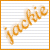 A pixelated orange text 'yackie' on lined paper background with an orange border.