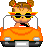 Pixelated character with brown pigtails and red hair ties drives orange convertible car, wearing yellow sunglasses and black top.