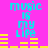 Cyan text "music is my life" on bright pink background with yellow horizontal bars, animated to shift positions across four views.