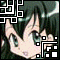 Anime-style character face with dark hair and green eyes, surrounded by pixelated geometric patterns in white, green, cyan, and yellow.