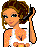 Pixelated cartoon woman with brown hair in a bun, wearing white tank top and holding black phone to ear; next to pixelated character lifting shirt to reveal belly button.