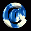Blue and white @ symbol with cloud pattern on black background, animated rotation showing different angles of the 3D shape.