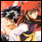 Two anime characters embrace against a red background, with one character having red hair and green eyes and the other having dark hair and a white outfit.