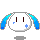 Pixelated white circular figure with brown vertical eyes, blue teardrop and plus symbols on cheeks, and gradient blue hair against gray background.