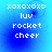 Blue background with white pixelated text reading 'xoxoxoxo luv rocket cheer' arranged in four lines, featuring subtle circular motion effects.