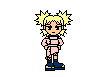 Pixel art character with spiky blonde hair in pink outfit and blue shoes, shown in multiple poses with weapons and actions against gray background.