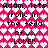 Pixelated text repeats 'Adam, lets frolic in the feild of..... LOVE!!' over a pink heart-patterned background with white and light pink hearts.