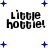 Pixelated text 'Little hottie!' in black with blue plus signs scattered on white background, animated by changing star positions.