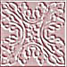 A static square icon with a symmetrical floral or vine pattern in white and dark red on a light pink background.
