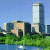 Pixelated cityscape with modern buildings, greenery, and water under a blue sky next to green text reading 'Original Icons .com' on dark background.