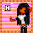 Pixel art character with long black hair and orange skin wears white shirt and checkered pants against pink-orange striped background with white stars.