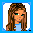 Pixel art buddy icon featuring a female character with long brown hair and green eyes, alongside text elements in a 2x2 contact sheet layout on blue background.